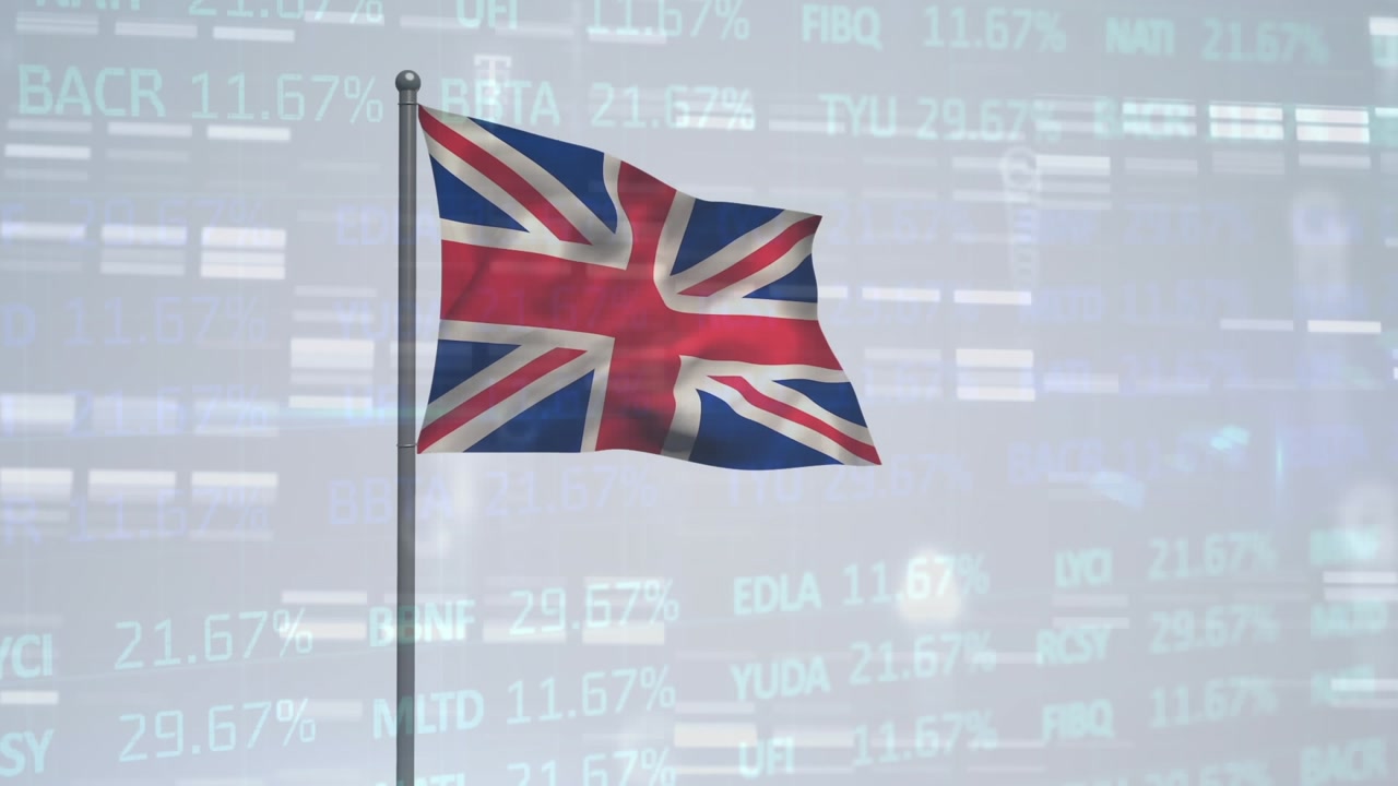 Financial data processing image with stock info and a union jack backdrop.