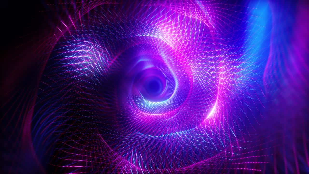 Abstract technological flight in digital space. Bright neon dots forming a data transmission tunnel. Modern ultraviolet blue purple light spectrum. Seamless loop 3d render