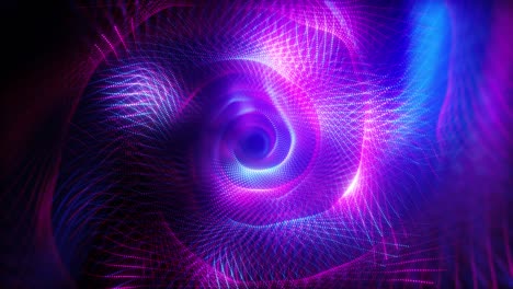 vuelo tecnológico abstracto en el espacio digital. puntos de neón brillantes que forman un túnel de transmisión de datos. espectro de luz púrpura azul ultravioleta moderno. bucle sin costuras 3d render