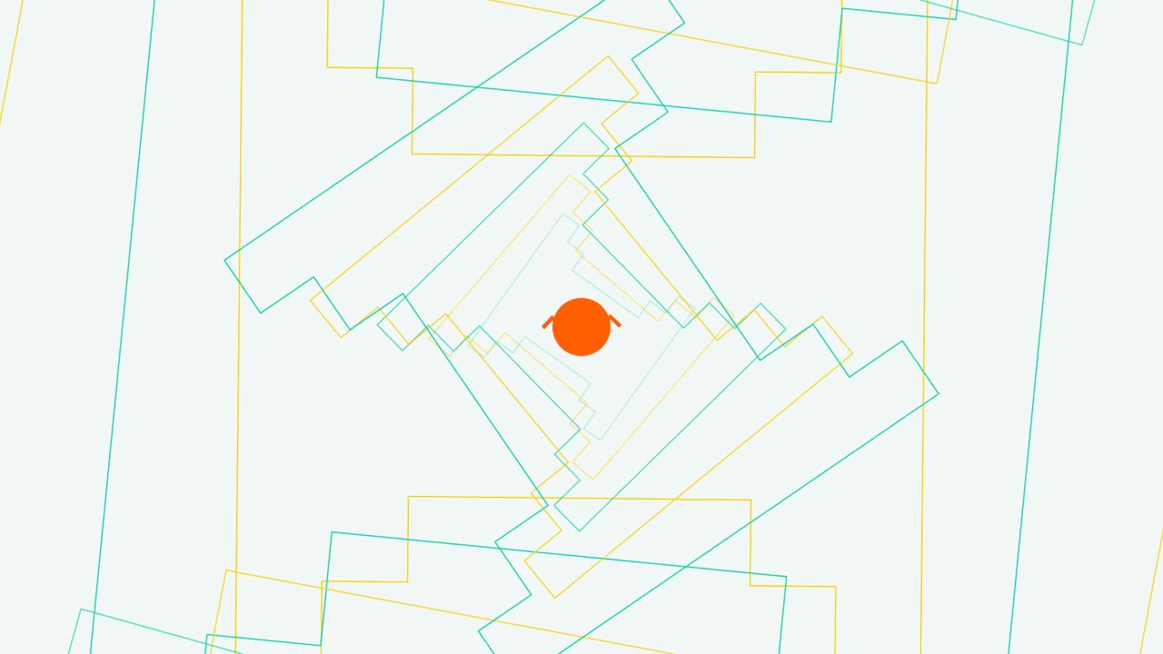 Abstrakte Animation rotierender geometrischer Rechtecke und eines zentralen orangefarbenen Kreises