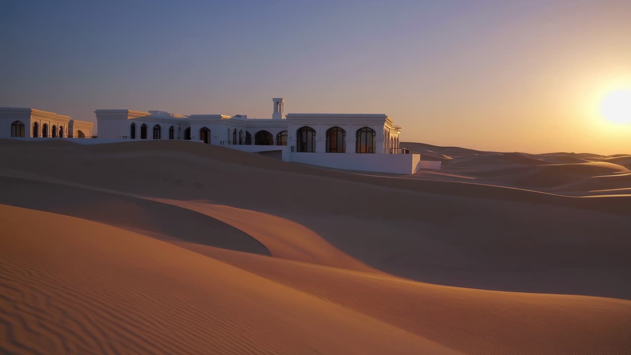Golden sunset illuminates white luxury villa in the Dubai desert, creating a scenic contrast between architecture and nature, with rolling sand dunes enhancing the tranquil beauty of the landscape