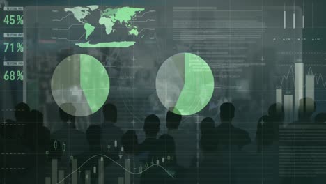 animation of statistical data processing on rear view of businesspeople looking out of office window