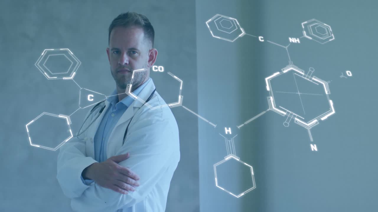 animación de estructuras químicas sobre el médico masculino caucásico