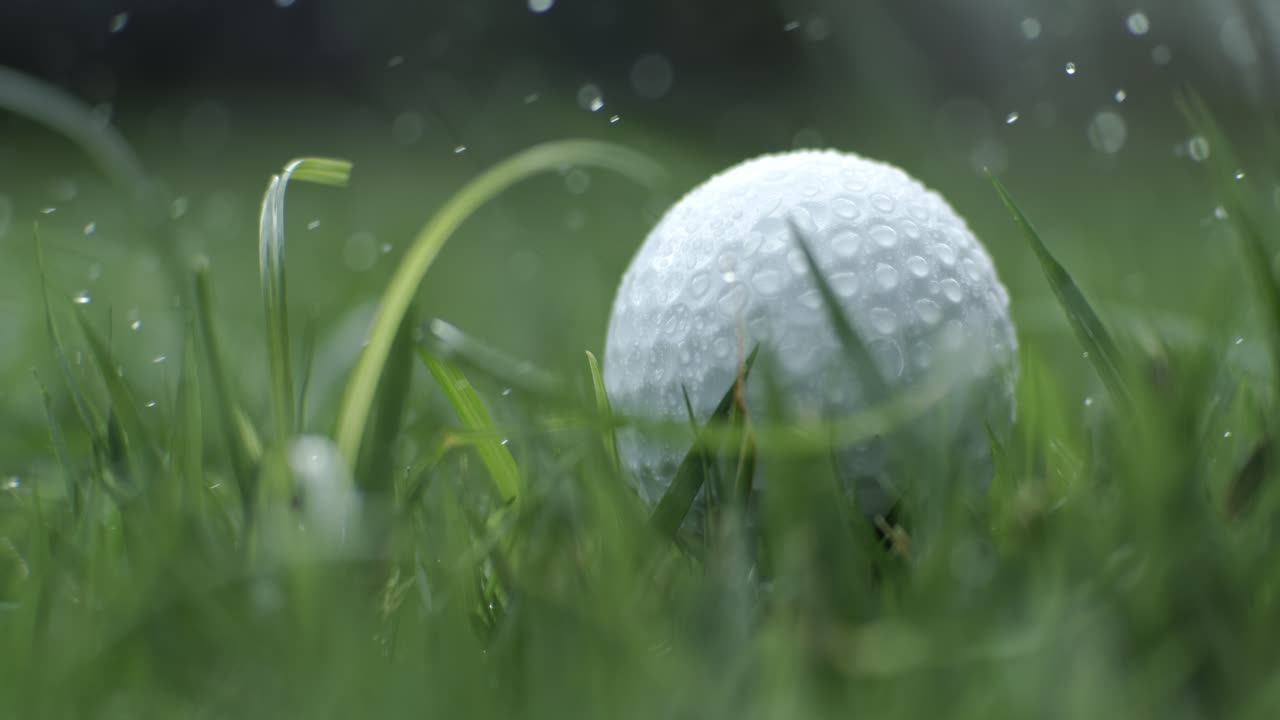 Golf ball on the green grass. Shooting in slow motion, the dew particles fly in around the golf ball. Shot on super slow motion camera 1000 fps.