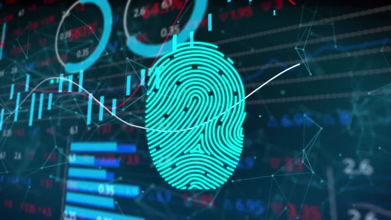 Animation of financial data and fingerprint over black background