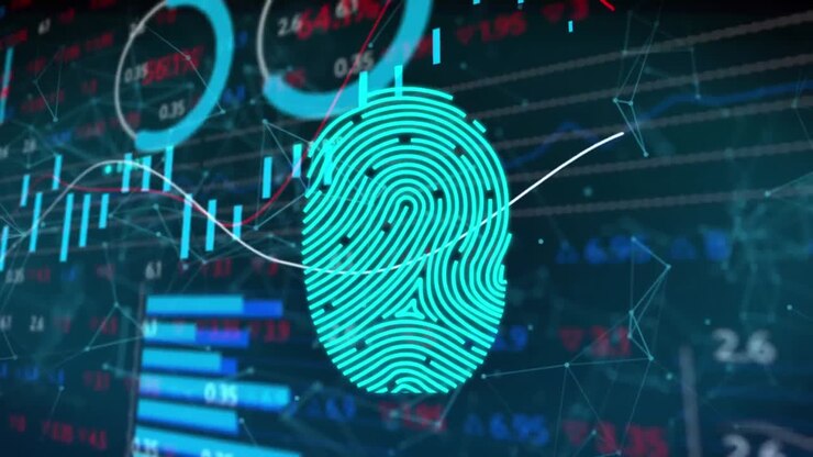 Animation of financial data and fingerprint over black background