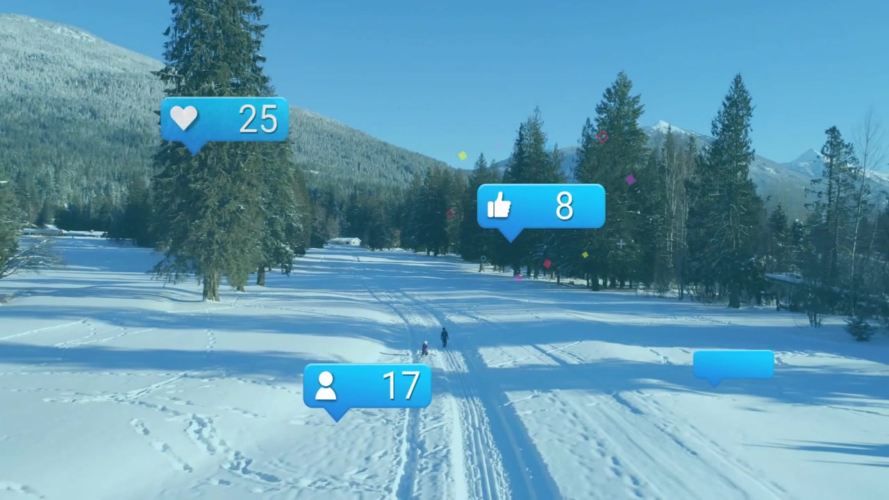 Dois meninos caminhando por trilhas na neve em um vale de montanha, mostrando ícones flutuantes de redes sociais.