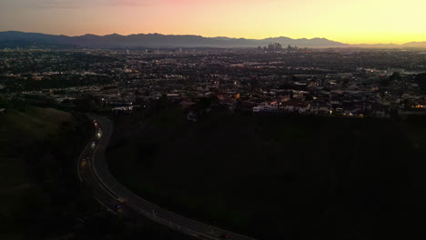 Los-Angeles-Cityscape-From-The-Kenneth-Hahn-View-Point-At-Sunset-In-Ladera-Heights,-Los-Angeles,-California-USA