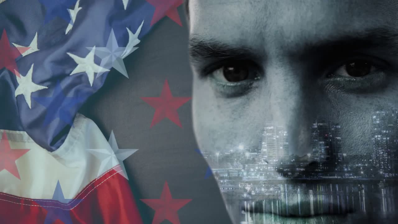 Animation of caucasian man with cityscape over flag of usa and stars