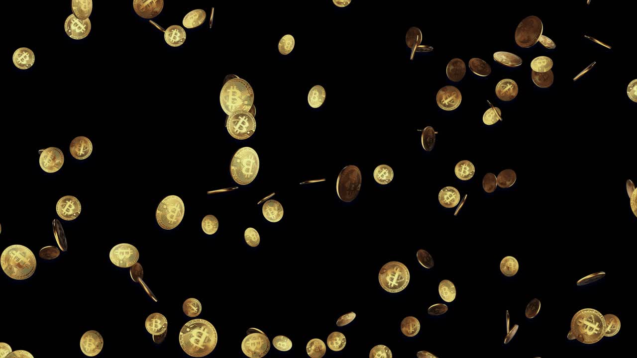 Bitcoin Coins Falling on Black and Green Background