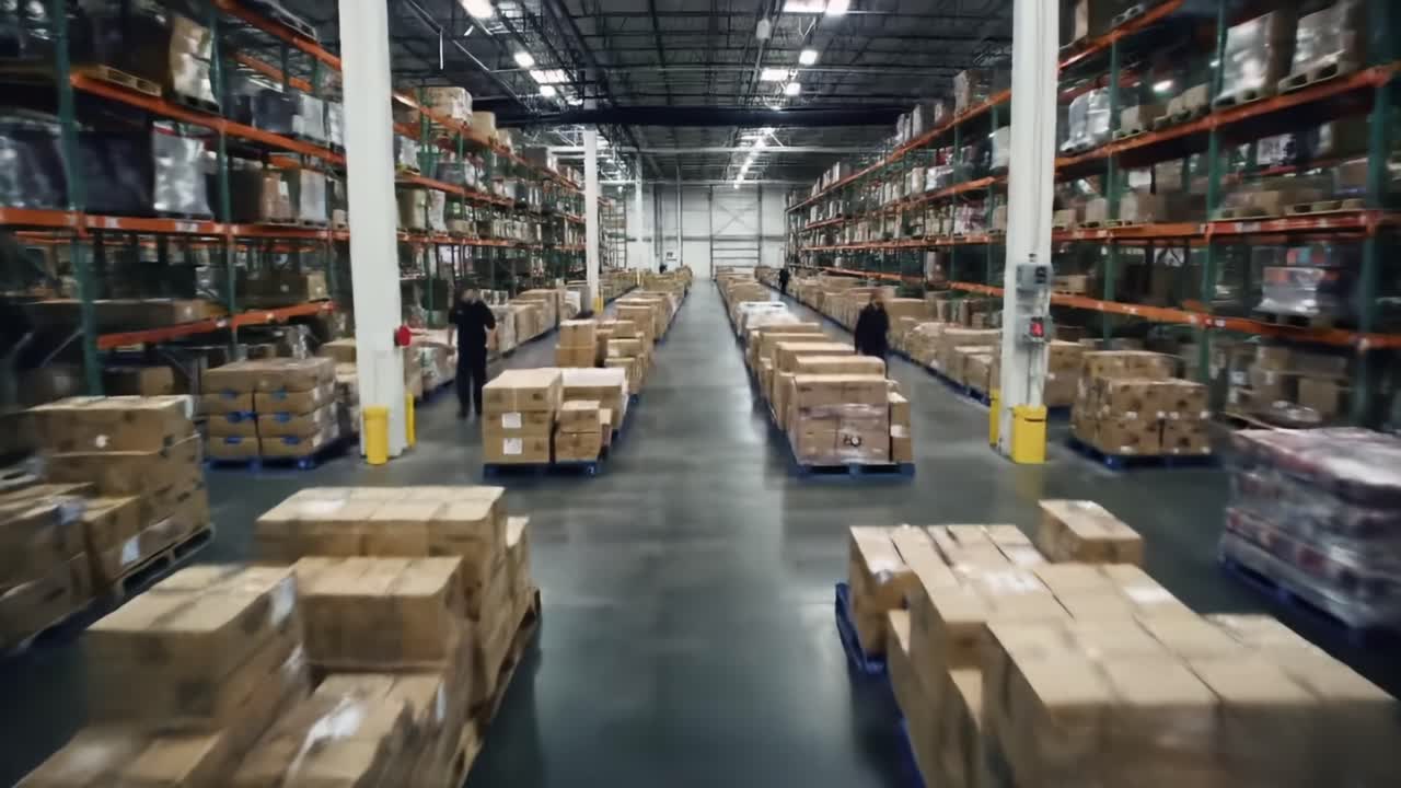 Aerial View of a Large Warehouse with Rows of Stacked Boxes and Pallets, Highlighting Efficient Inventory Management and Distribution Operations