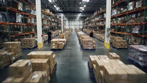 aerial view of a large warehouse with rows of stacked boxes and pallets, highlighting efficient inventory management and distribution operations