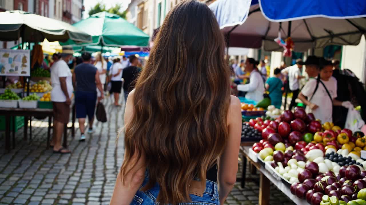 A video captures a rear view of a woman with long hair walking through a vibrant outdoor market