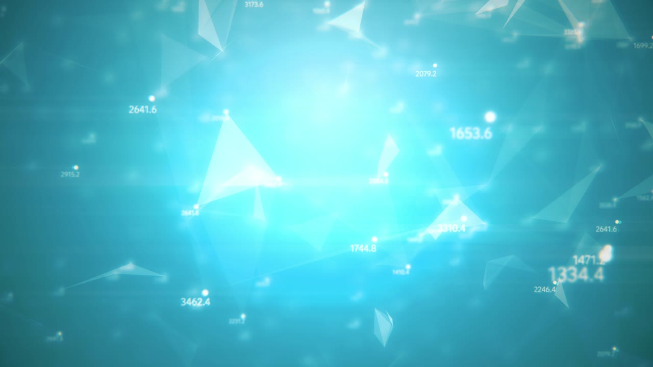 추상적인 컴퓨터 생성 원활한 루프, 혼란스러운 느리게 움직이는 점, 선, 삼각형, 무작위 숫자 배경에서 기하학적 움직임.