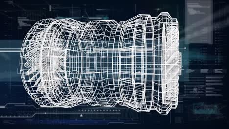 animation of data processing against 3d drawing of engine spinning in the background