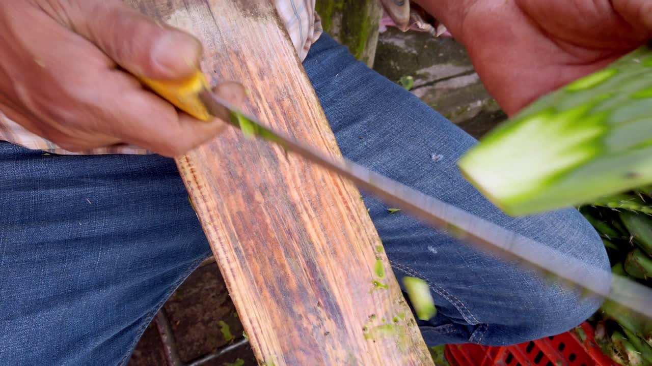 Close-up shot of man scraping spines off cactus leaves using knife on wooden board outdoors
