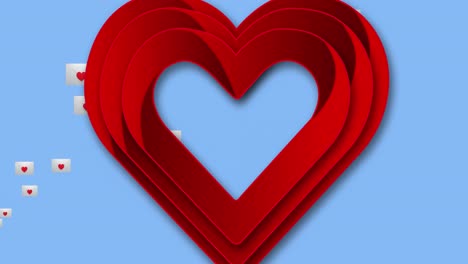 Rote-Herzsymbole-Vor-Mehreren-Umschlägen-Mit-Rotem-Herz,-Das-Auf-Blauem-Hintergrund-Schwebt