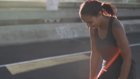 running, tired and woman stop to breath