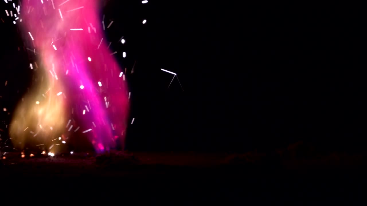 Rainbow colored fire ,burning hot bonfire fire sparks on a dark background. Fire sparks animation, slow motion