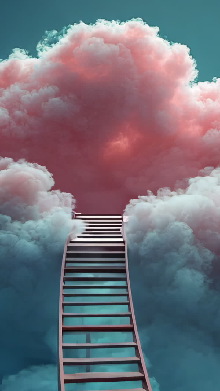 A pink cloud with a red ladder in the middle. The ladder is going up and down. The sky is blue