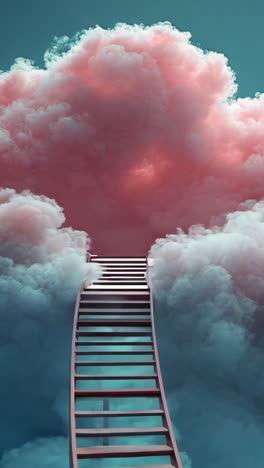 a pink cloud with a red ladder in the middle. the ladder is going up and down. the sky is blue