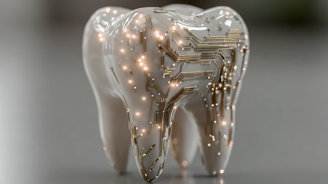 Design di dente futuristico illuminato con motivi a circuito, che fonde salute dentale e tecnologia in una rappresentazione artistica unica.