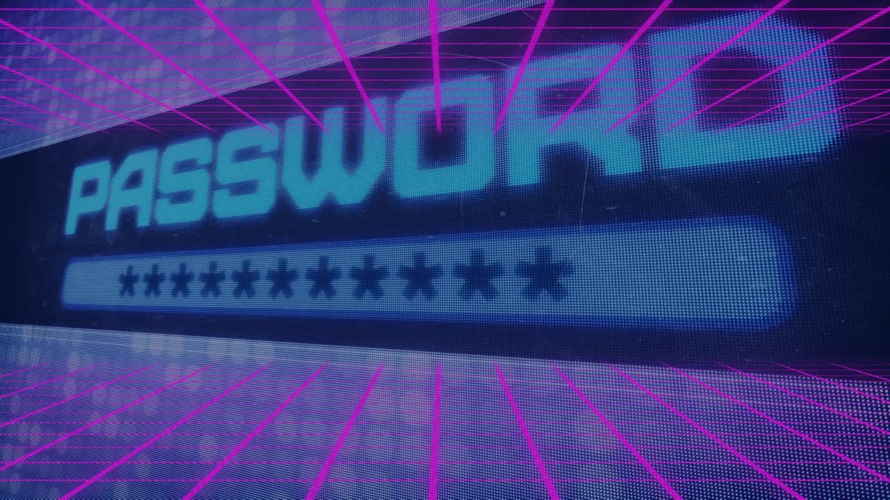 Animation of blue neon password text, asterisk marks on digital interface of video game