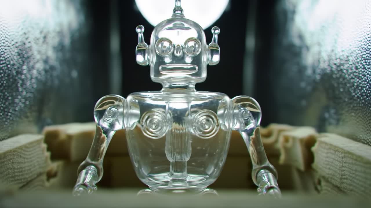 A Stunning Look at a Crystal Clear Glass Robot Figurine: Capturing the Intricacies of Design and Artistry in a Captivating Display Setting