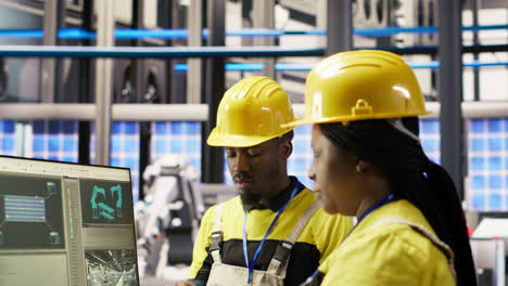 vertical video manager supervising technician in factory using pc to diagnose malfunctions