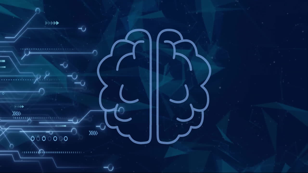 컴퓨터 회로판 위에 뇌의 애니메이션과 검은 바탕에 연결 네트워크