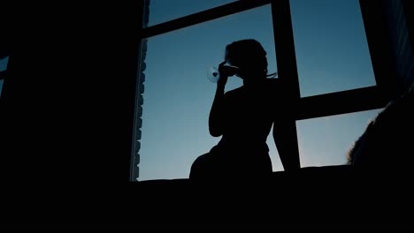 여자의 실루 ⁇ 은 저녁에  ⁇ 대 위에 있는 유리잔에 와인을 흔들고 있습니다.