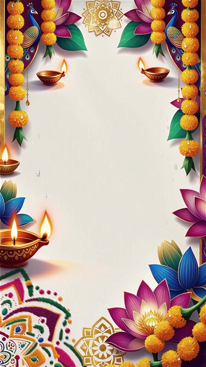 Sfondo Diwali con Diyas luminosi, Rangoli e fiori di loto