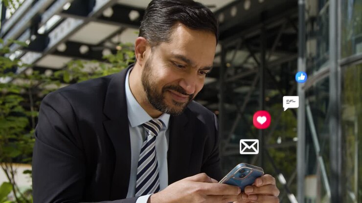 Businessman Sitting Outside City Offices Looking At Mobile Phone With Motion Graphics Emojis Showing Multiple Messaging And Social Media Notifications 1