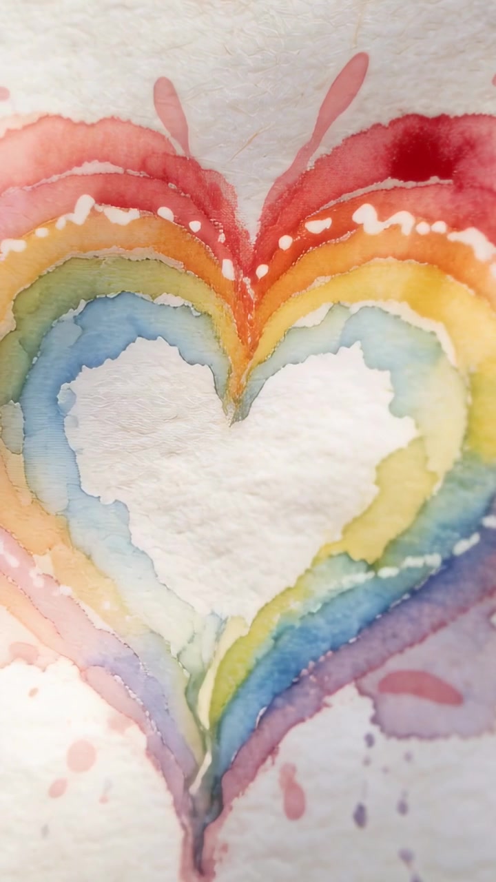 Video verticale: Carta acquerello testurizzata che si inclina, pigmenti a forma di cuore arcobaleno che si diffondono, creando gocce.