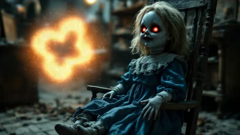 creepy doll with glowing red eyes in a dark room