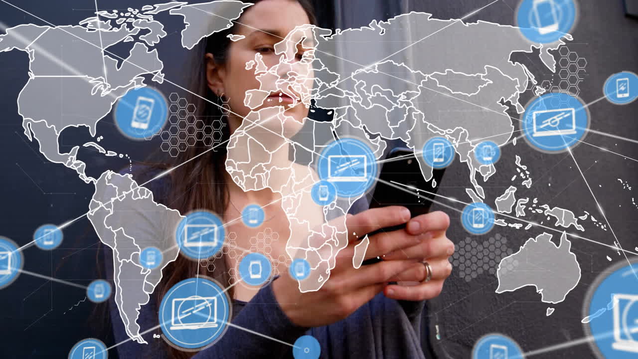 Using smartphone, woman with animation of digital world map and communication icons