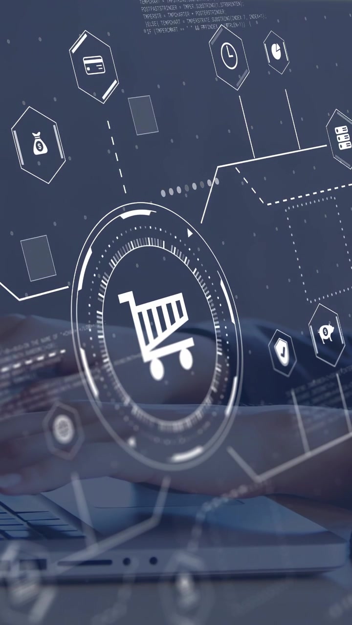 Video vertical: Mujer escribiendo en un portátil, iniciando una interfaz HUD de comercio electrónico, con un icono de carrito que vincula tarjeta y dinero.