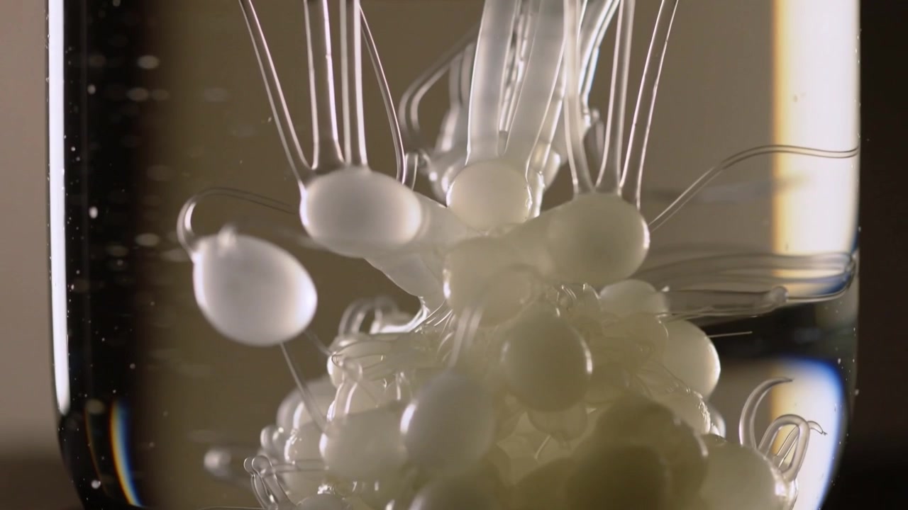 Una pipetta rilascia un fluido bianco viscoso, formando un grappolo di goccioline con filamenti in un becher per lo studio.