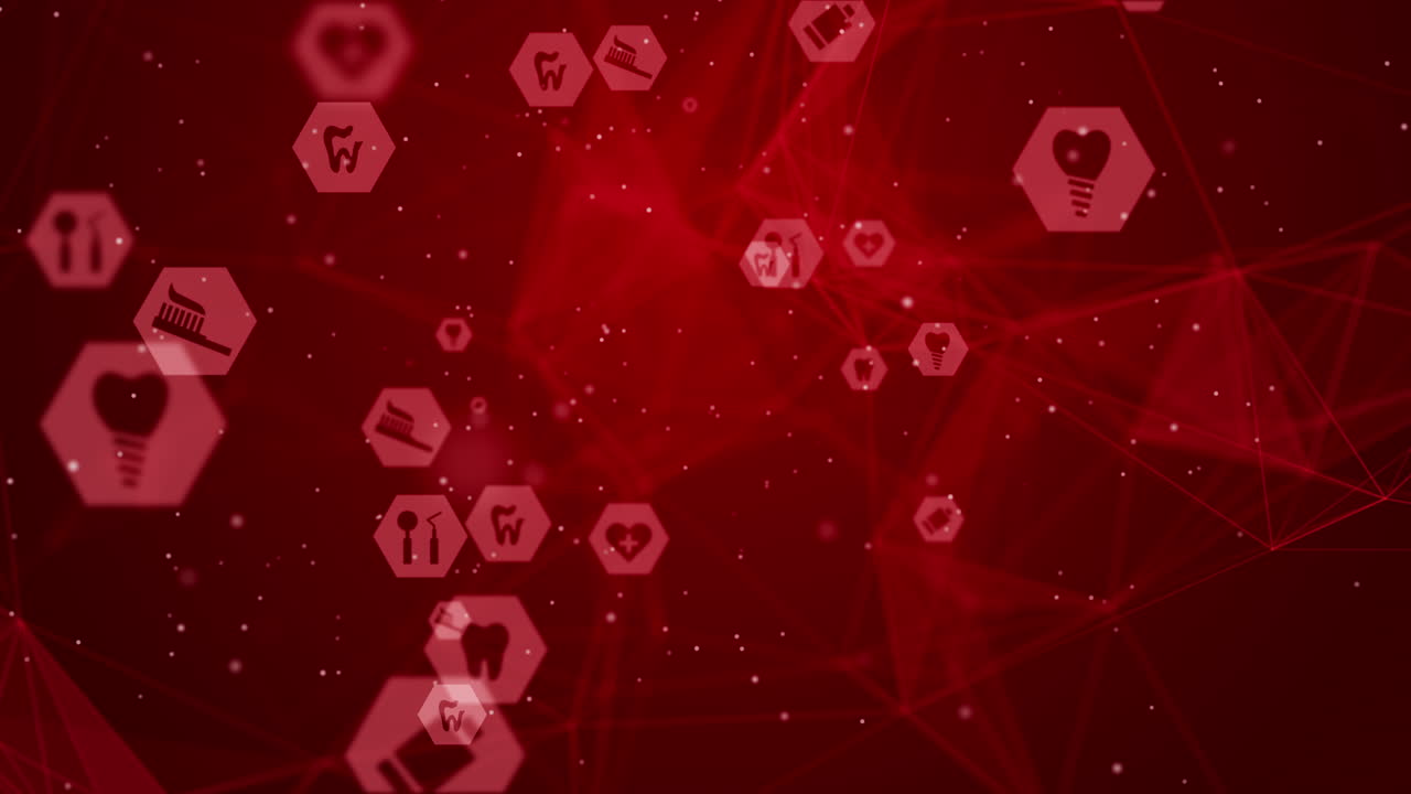 Abstract red space with flying dental icons in hexagons, plexus lines and small particles. Looped medical animation.