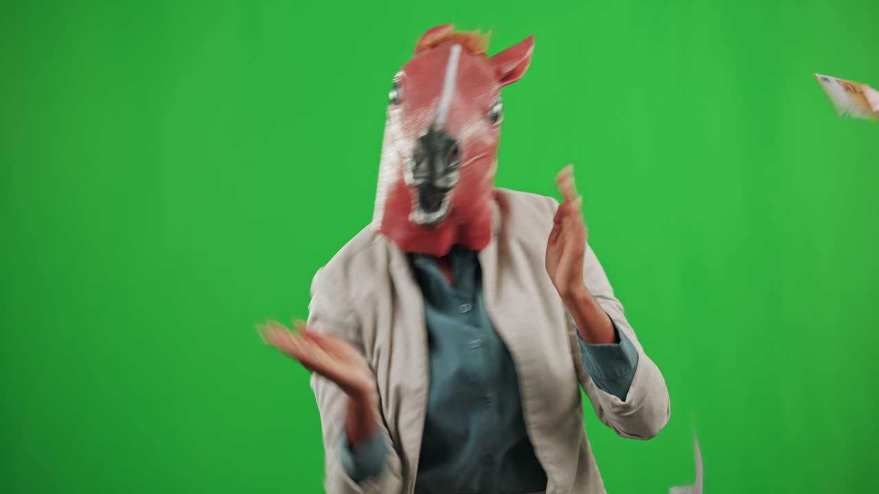 máscara de caballo, dinero y baile en pantalla verde
