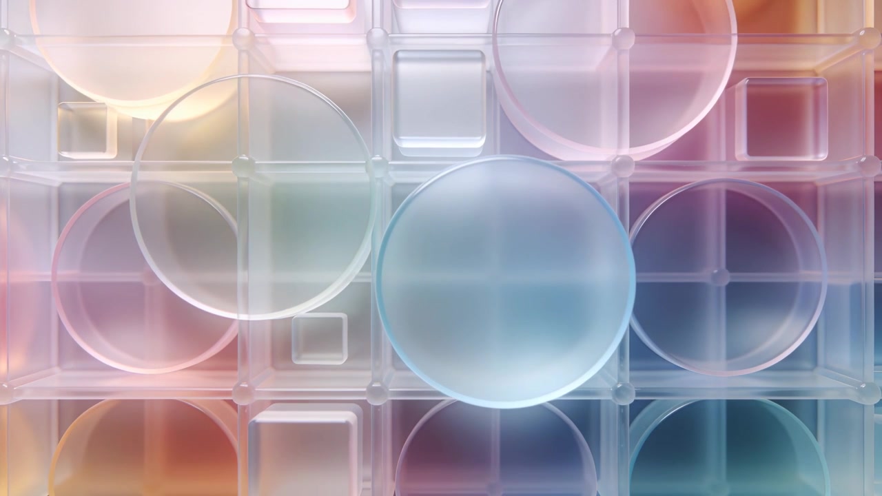Starting animation showing translucent discs drifting over square-cell grid, creating pastel blends