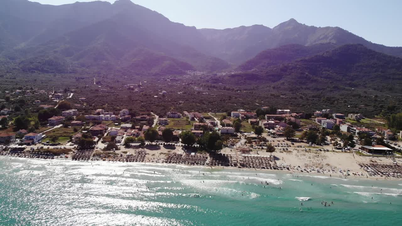 Beautiful drone aerial Beach from Thassos Grece Crowded Mountain