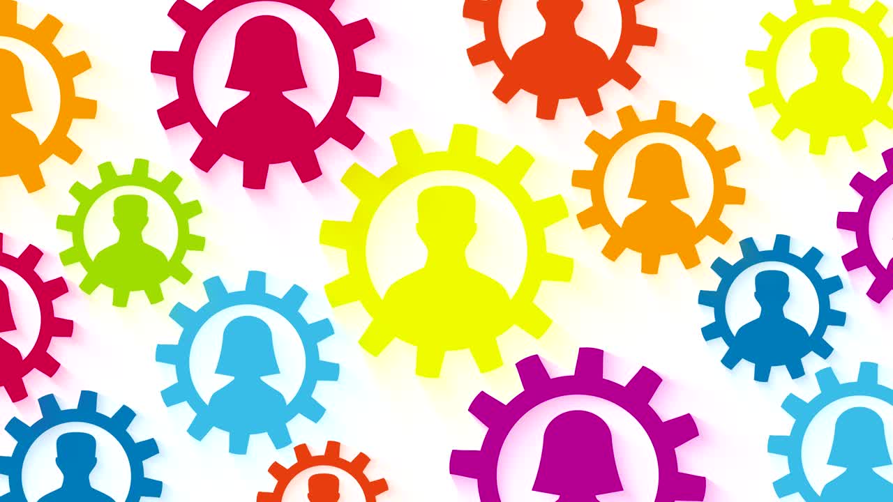 silueta de hombre y mujer en colorida animación de bucle de engranajes