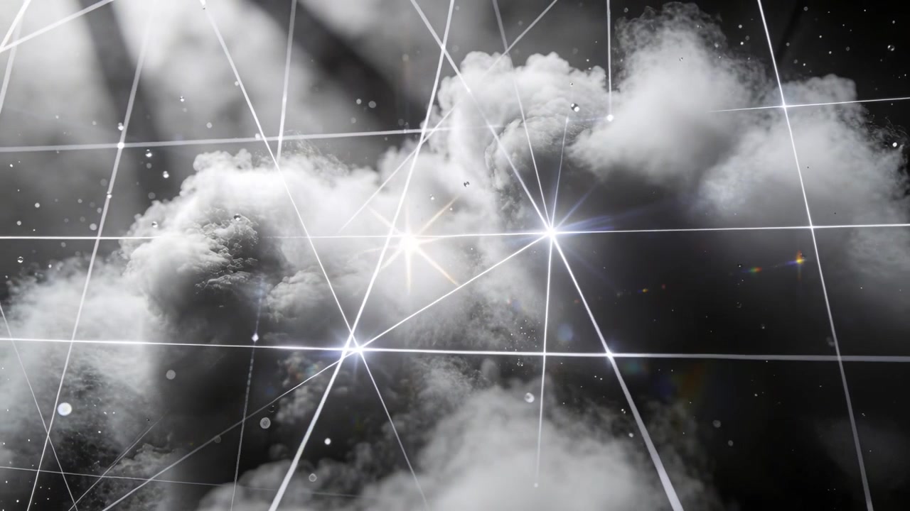 Een schuivende camera onthult een wolkencluster die verschuift door een gestileerde leegte, toont lichtgevende rasterflitsen.
