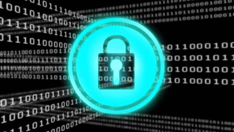 Animation of binary coding and online security padlock over dark background
