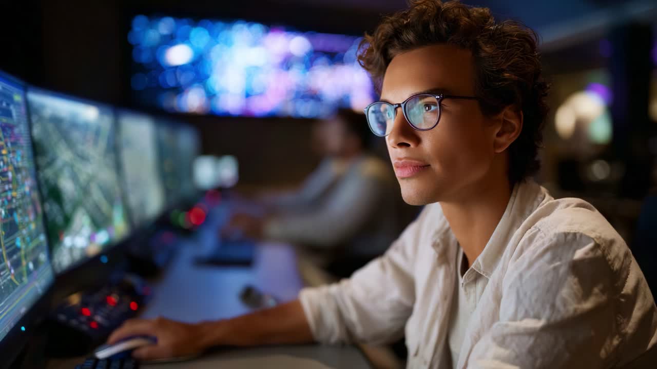 Fokuseret analytiker arbejder med flere skærme i et svagt oplyst kontrolrum og analyserer data med præcision og ekspertise, mens vedkommende samarbejder med kolleger.