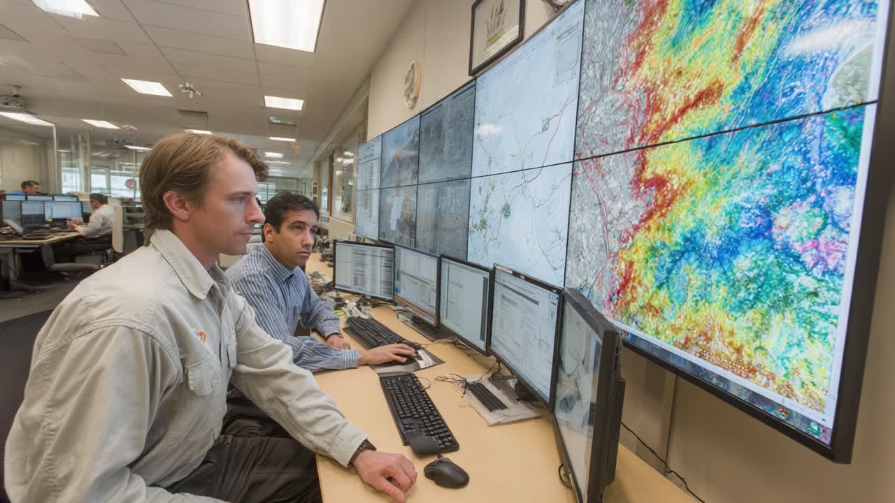 Two Analysts Collaborating on Advanced Data Analysis in a High-Tech Monitoring Room Displaying Dynamic Visualizations on Multiple Screens