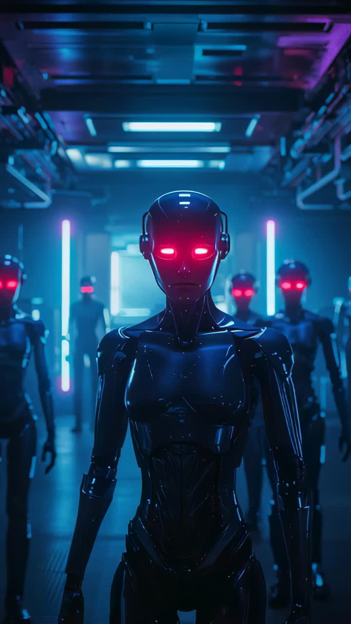 Vertical video: Advancing lead android guiding squad down neon bay on signal, red LEDs reflecting