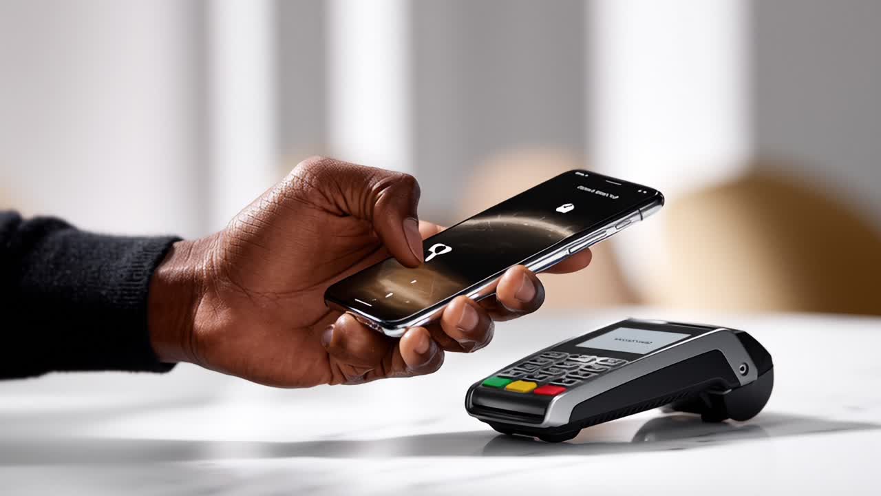 Seamless Contactless Payment Experience: A Hand Holding a Smartphone Near a Payment Terminal Demonstrating Modern Transactions and Technology Innovation in Financial Services