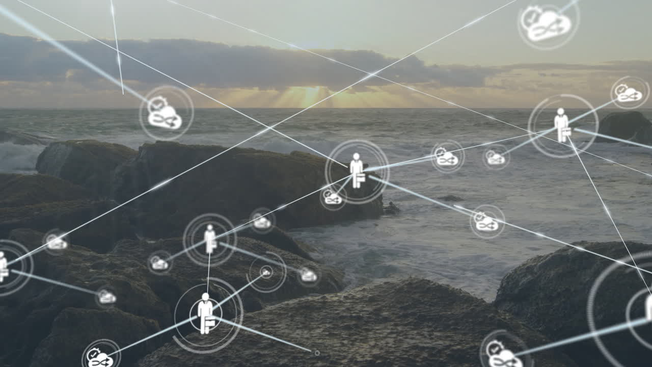 Network of connections and data processing animation over rocky ocean landscape
